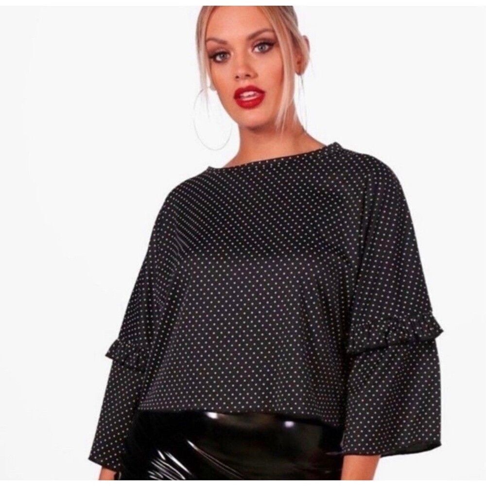 Boohoo NWT Women Large Size 12 Black White Polka Dot Ruffle Blouse Office Chic